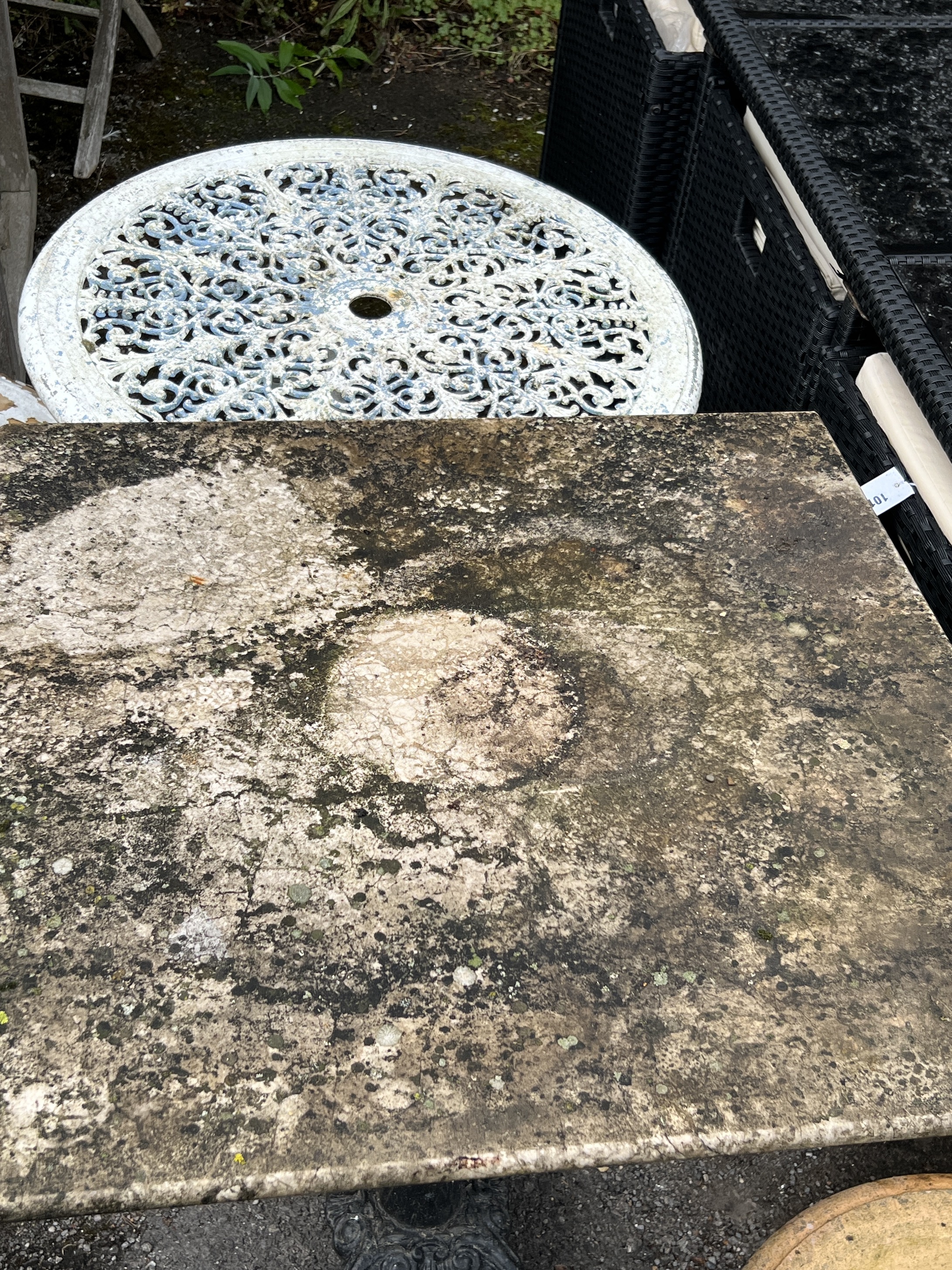 A Victorian style square marble topped cast iron garden table, width 69cm, height 73cm together with a circular aluminium garden table